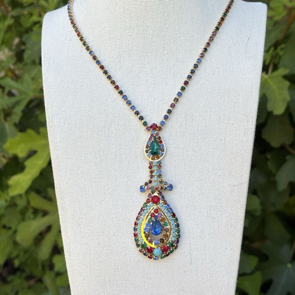 Vintage Rainbow Rhinestone Statement Necklace 24” Large Teardrop Pendant